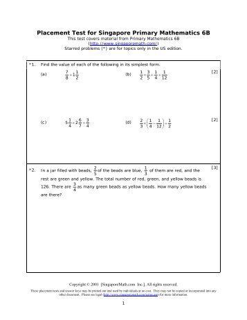 Placement Test for Singapore Primary Mathematics 6B