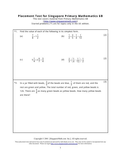 Placement Test for Singapore Primary Mathematics 6B