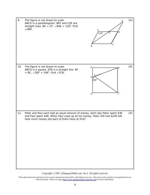 Placement Test for Singapore Primary Mathematics 6B