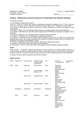 ArrÃªtÃ© fixant le ressort territorial et l'organisation des districts sanitaires