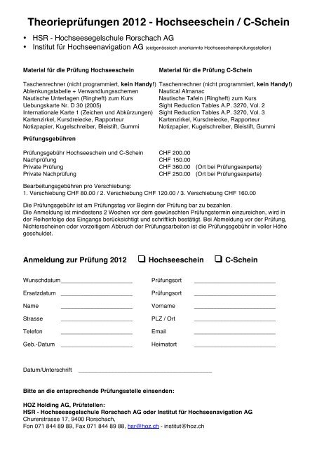 Theorieprüfungen 2012 - Hochseeschein / C-Schein - HOZ