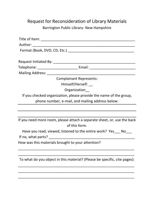 Request for Reconsideration of Library Materials