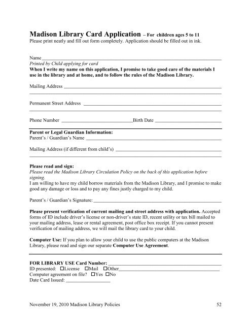 Madison Library Card Application â For children ages 5 to 11