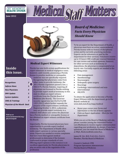 Board of Medicine: Inside this issue. - Lee Memorial Health System