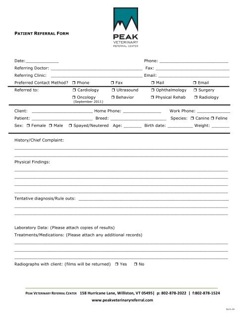 Referral Form - Peak Veterinary Referral Center