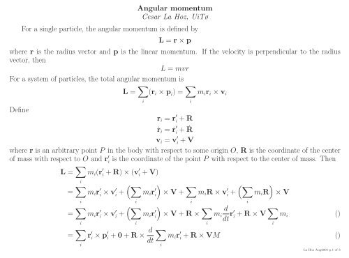 Angular Momentum Cesar La Hoz Uitr For A Single Particle The