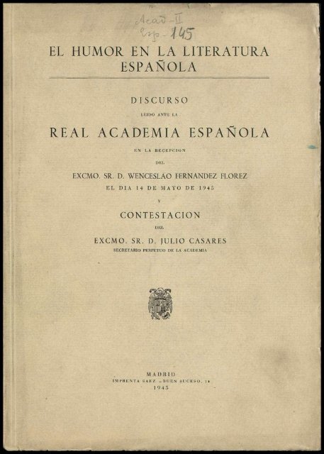 EL HUMOR EN LA LITERATURA SPAÑOLA REAL ACADEMIA ESPAÑOLA