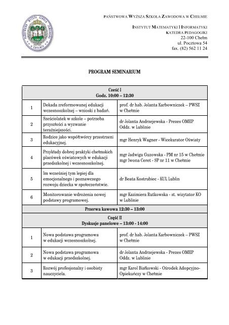 program seminarium - PaÅstwowa WyÅ¼sza SzkoÅa Zawodowa w ...