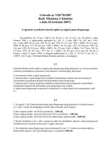 Uchwała nr VIII/70/2007 Rady Miejskiej w Kłodzku z dnia 26 kwietnia 2007r
