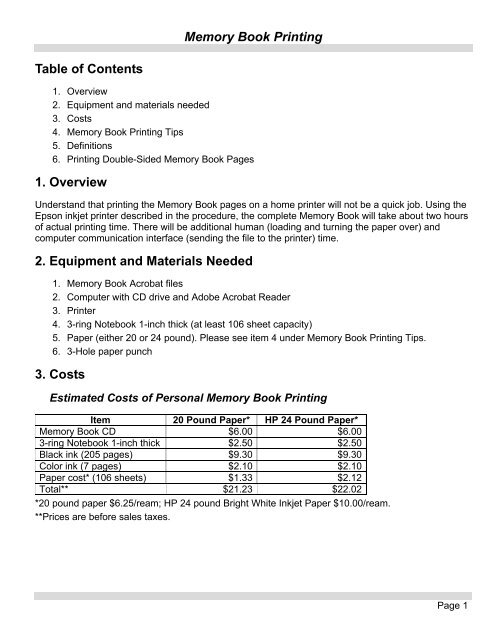 Memory Book Printing Table of Contents 1. Overview 2. Equipment ...