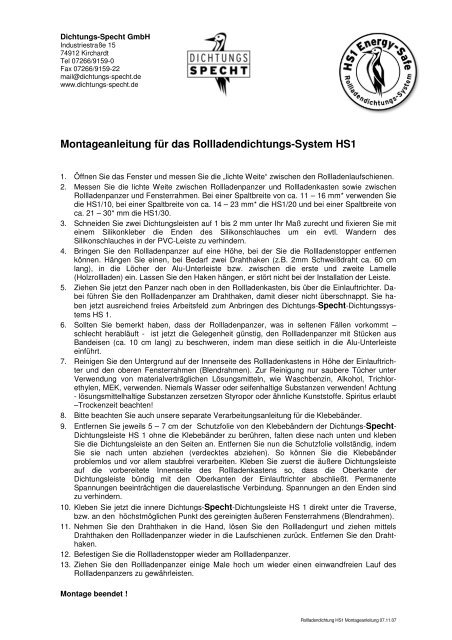 Rollladendichtung HS1 Montageanleitung - Dichtungs Specht