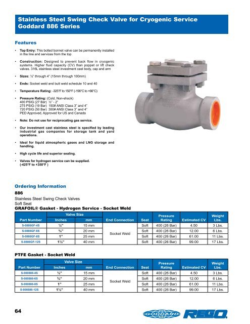 Stainless Steel Swing Check Valve for Cryogenic Service Goddard 886 Series