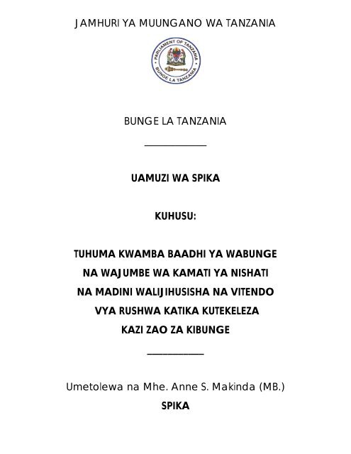 uamuzi wa spika kuhusu: tuhuma kwamba baadhi ya wabunge na ...