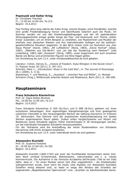 Lehrveranstaltungen im Fach Musikwissenschaft Sommersemester 2013