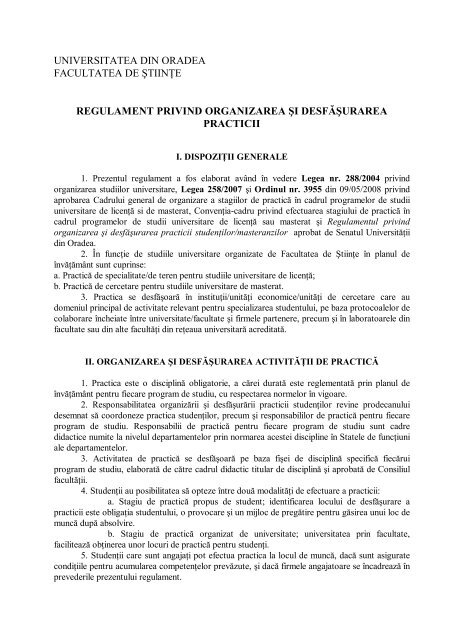 Regulament de practica pentru studenti - Universitatea din Oradea