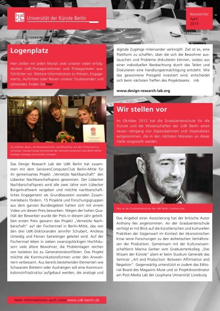 Newsletter April 2013 - UniversitÃ¤t der KÃ¼nste Berlin