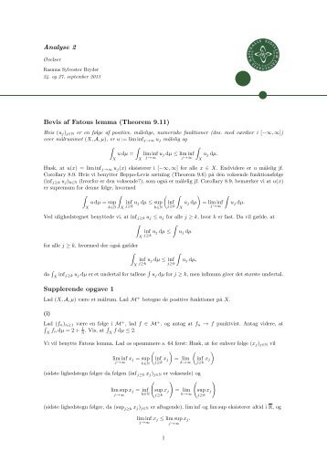 Analyse 2 Bevis af Fatous lemma (Theorem 9.11) Supplerende opgave 1