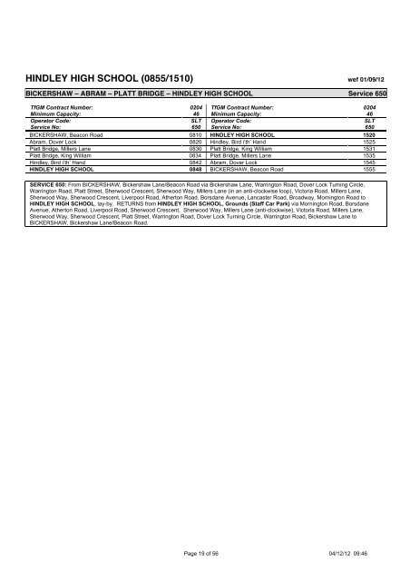 School Bus Services in the Wigan Area September 2012 to July 2013