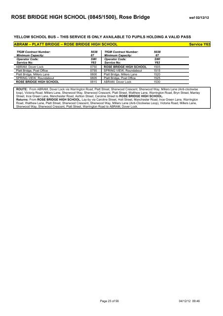 School Bus Services in the Wigan Area September 2012 to July 2013