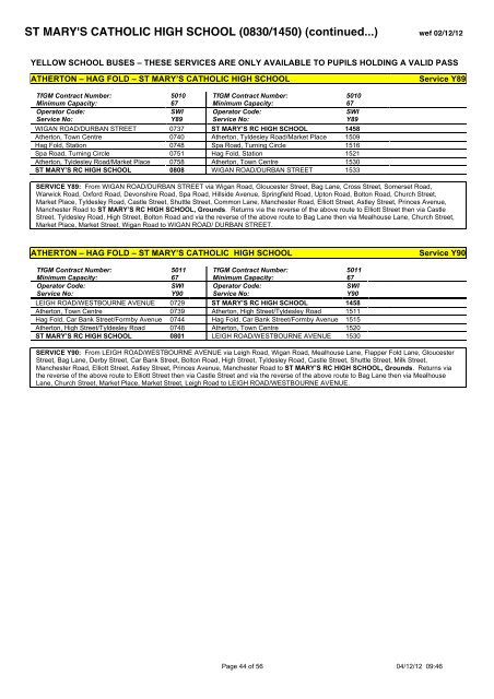 School Bus Services in the Wigan Area September 2012 to July 2013