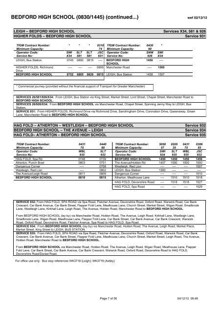 School Bus Services in the Wigan Area September 2012 to July 2013