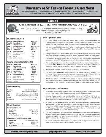 University St Francis Football Game Notes