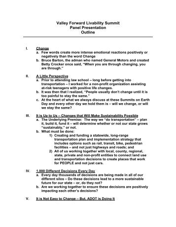 Valley Forward Livability Summit Panel Presentation Outline