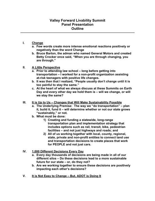 Valley Forward Livability Summit Panel Presentation Outline