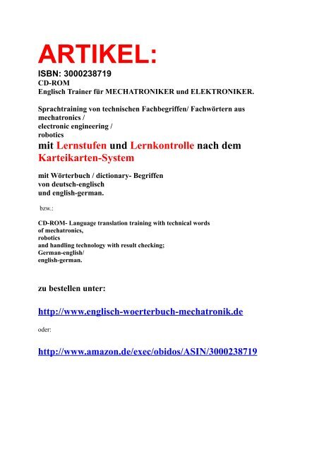 Technisches Englisch mit Lernkarten lernen: Muendliche oder schriftliche Uebersetzungen Mechatronik