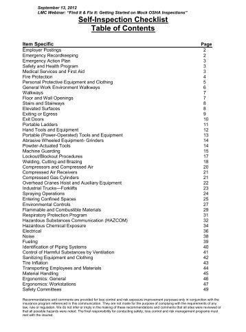 Self-Inspection Checklist Table of Contents