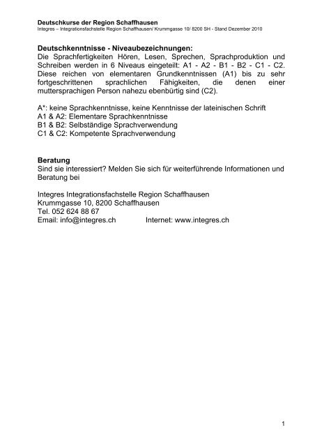 Deutsch Integres Integrationsfachstelle Region Schaffhausen