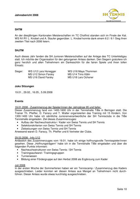 SH Tennis Jahresbericht 2008 - Tennis-Vereinigung Schaffhausen