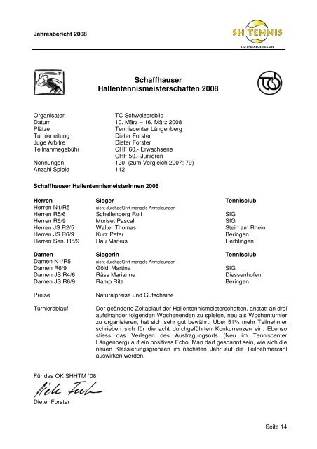 SH Tennis Jahresbericht 2008 - Tennis-Vereinigung Schaffhausen