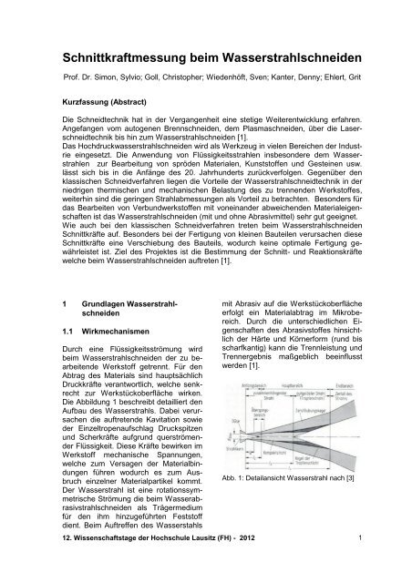 Schnittkraftmessung beim Wasserstrahlschneiden - Hochschule ...