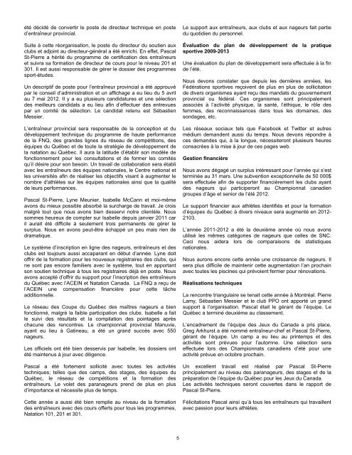 RAPPORT ANNUEL 2011-2012 FÉDÉRATION DE NATATION DU QUÉBEC