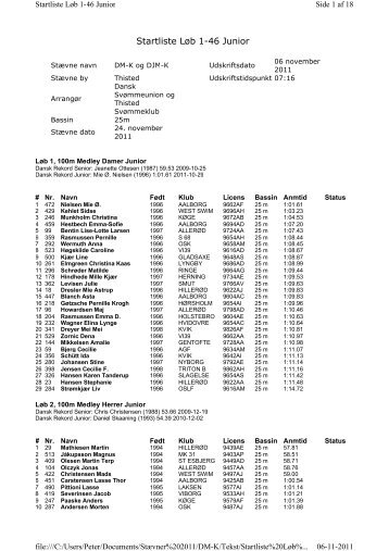 Startliste Løb 1-46 Junior - Næstved Svømmeklub