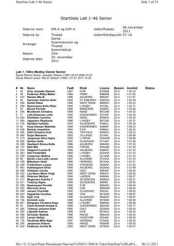 Startliste Løb 1-46 Senior - Næstved Svømmeklub