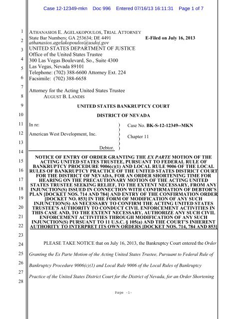 Ust Notice Of Entry Order Granting The Ex Parte Motion Order Granting The Ex Parte Motion