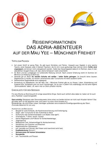 REISEINFORMATIONEN DAS ADRIA-ABENTEUER MAU YEE – MÜNCHNER FREIHEIT