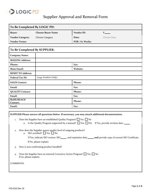 Supplier Approval and Removal Form - Logic PD