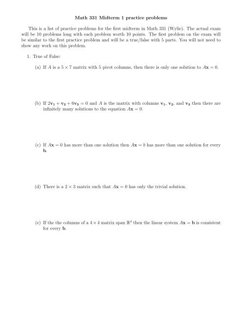 Math 331 Midterm 1 Practice Problems This Is A List Of Practice ...