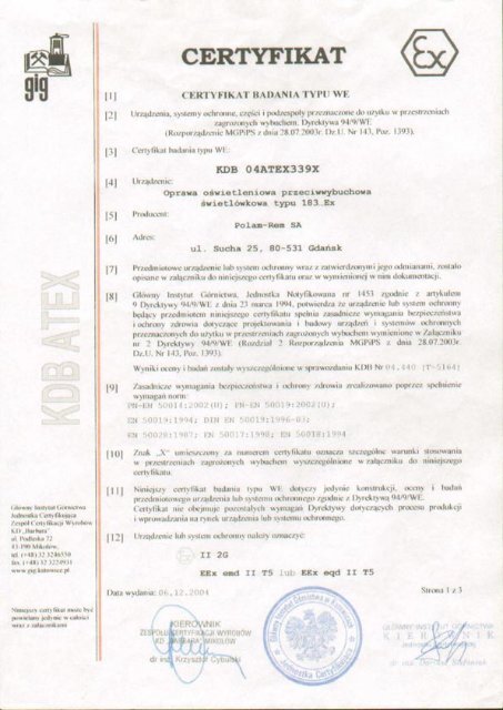Certyfikat ATEX (PDF, 3,2 MB) - Polam-Rem