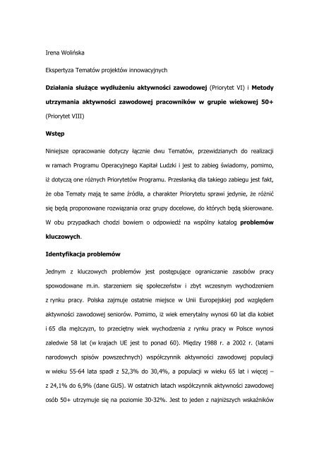 Irena WoliÅska Ekspertyza TematÃ³w projektÃ³w innowacyjnych ...