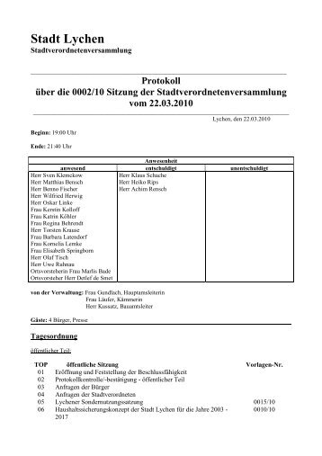 Protokoll über die 0002/10 Sitzung der - Lychen