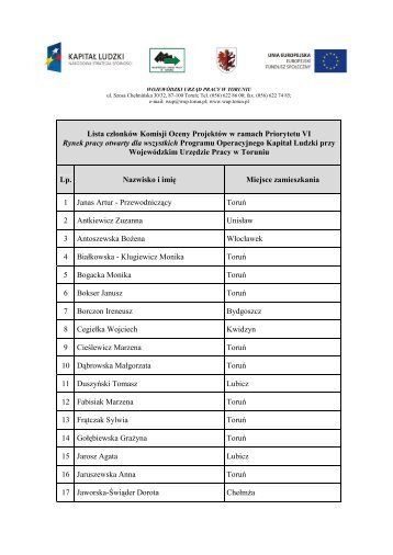 Lista czÅonkÃ³w Komisji Oceny ProjektÃ³w - WojewÃ³dzki UrzÄd Pracy