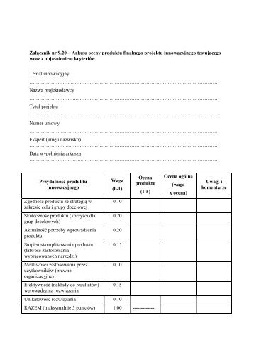 ZaÅÄcznik nr 9.20 â Arkusz oceny produktu finalnego projektu ...