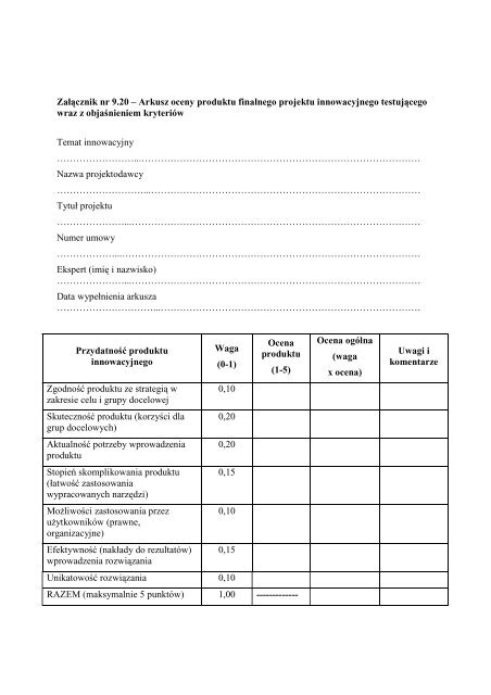 ZaÅÄcznik nr 9.20 â Arkusz oceny produktu finalnego projektu ...