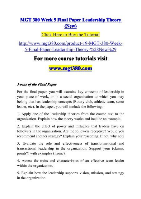 MGT 380 Week 5 Final Paper Leadership Theory (New)