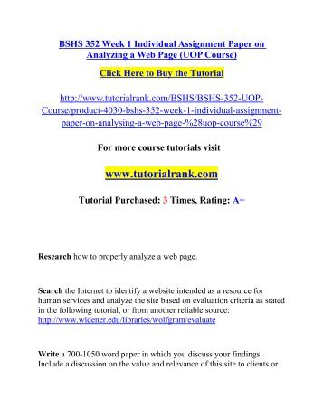 BSHS 352 Week 1 Individual Assignment Paper on Analyzing a Web Page/ Tutorialrank