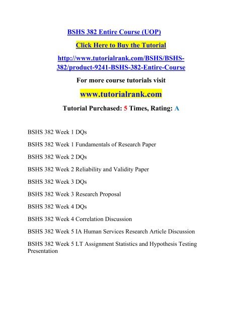 BSHS 382 Entire Course (UOP)/TutorialRank